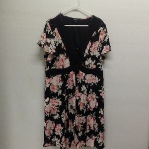 Torrid Black and Pink Floral Lace Flutter Sleeve Midi Dress